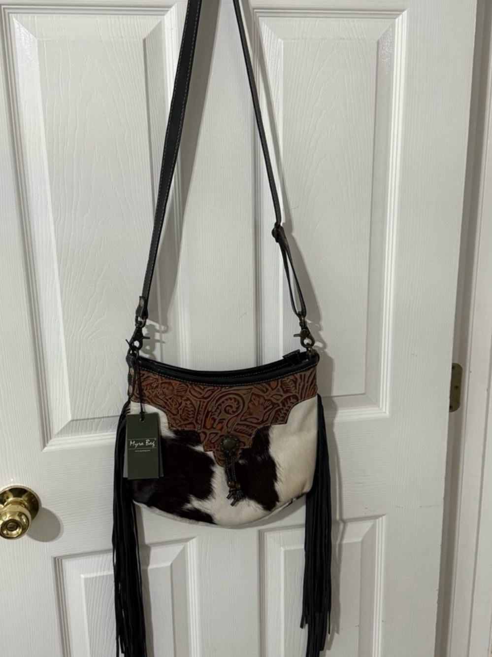 Myra Bag Black, Brown & White Tooled Leather Fringe Crossbody
